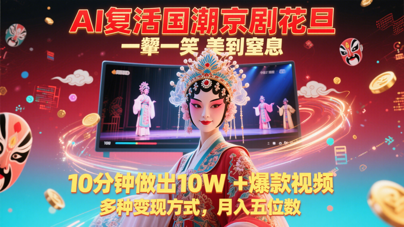 AI复活国潮京剧花旦，一颦一笑美到窒息，10分钟做出10W+爆款视频，多种变现方式-轻创终点站