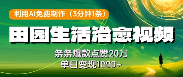 利用AI免费制作田园生活治愈视频，条条爆款点赞20W，单日变现几张-轻创终点站