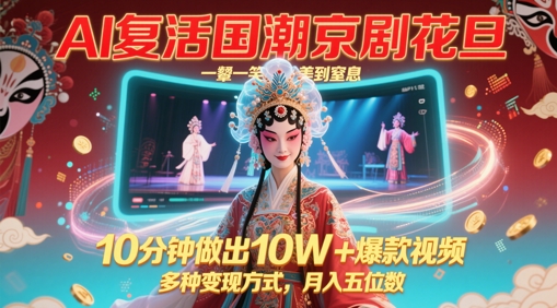 AI复活国潮京剧花旦，一颦一笑美到窒息，10分钟做出10W+爆款视频，多种变现方式，月入五位数-轻创终点站