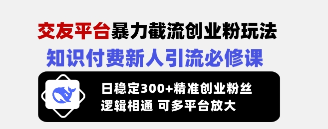 交友平台暴力截流创业粉玩法，知识付费新人引流必修课，日稳定300+精准创业粉丝，逻辑相通可多平台放大-轻创终点站