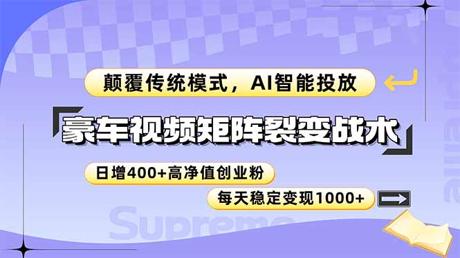 豪车视频矩阵裂变战术，颠覆传统模式，AI智能投放，日增400+高净值创业…-轻创终点站