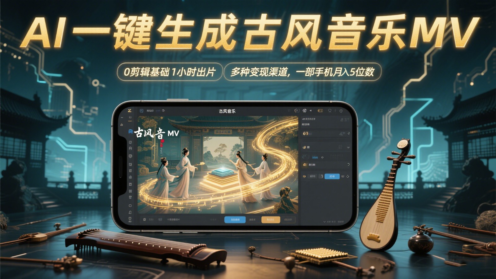 AI一键生成古风音乐MV，0剪辑基础1小时出片，多种变现渠道，一部手机月入5位数-轻创终点站