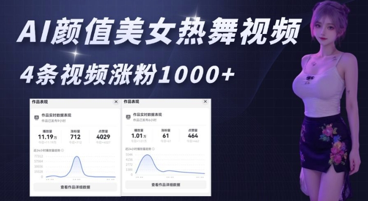 AI颜值美女热舞视频，4条视频涨粉1000+，实测6分钟一条-轻创终点站