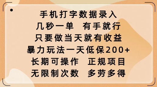 手机打字数据录入，几秒一单，有手就行，只要做当天就有收益，暴力玩法一天低保2张-轻创终点站