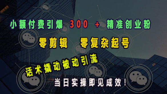 小额付费引爆 300 + 精准创业粉，零剪辑、零复杂起号，话术撬动被动引流，当日实操即见成效-轻创终点站