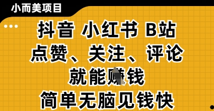 小而美的项目，抖音小红书B站视频点赞、关注、评论就能挣钱，简单无脑立见收益，妥妥的零撸项目【揭秘】-轻创终点站