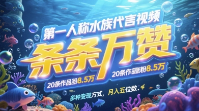 第一人称水族代言视频，条条万赞，20条作品涨粉7.8W，多种变现方式月入五位数-轻创终点站
